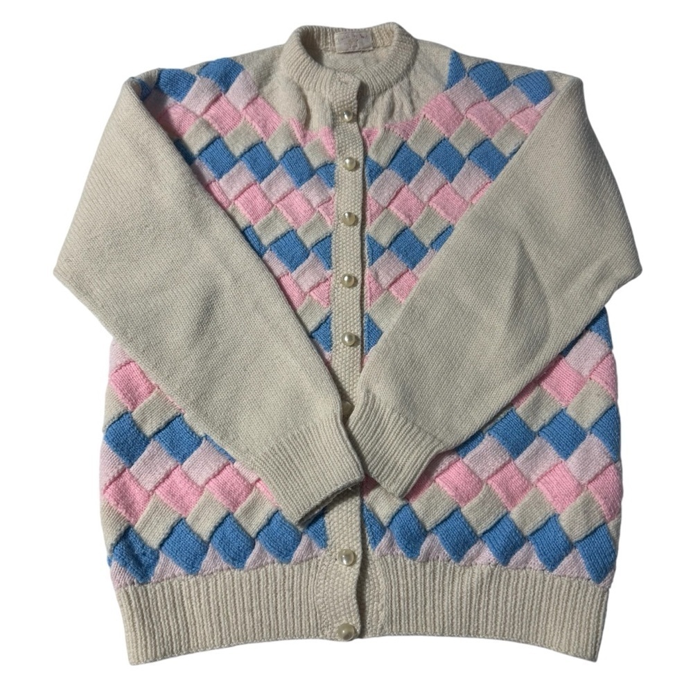 Hand Knit Diamond Basket Weave Cardigan Vintage Granny Chic Easter Cottagecore
